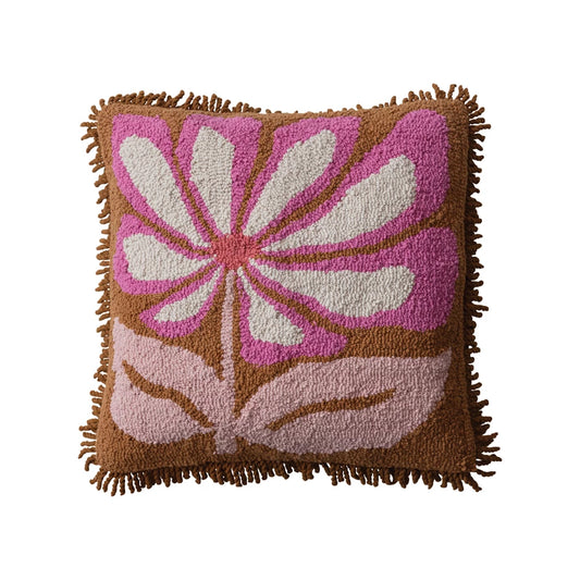 18" Square Cotton Tufted Pillow with Flower & Fringe