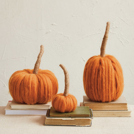 Wool Pumpkin with Jute Wrapped Stem (3 Styles)