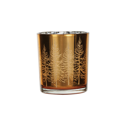 Mercury Glass Votive with Laser Etched Trees-4” Tall