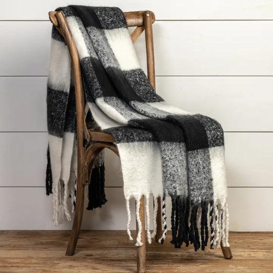 60" Black & White Check Blanket w/ Fringe