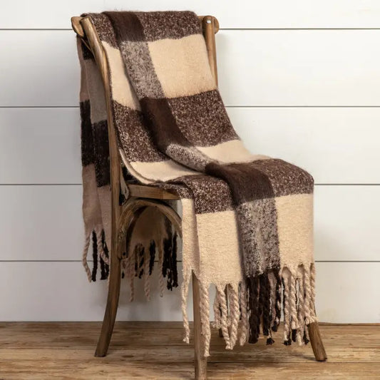 60" Brown Check Blanket w/ Fringe