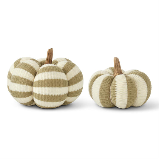 Khaki & Cream Vertical Striped Pumpkins with Wood Stem